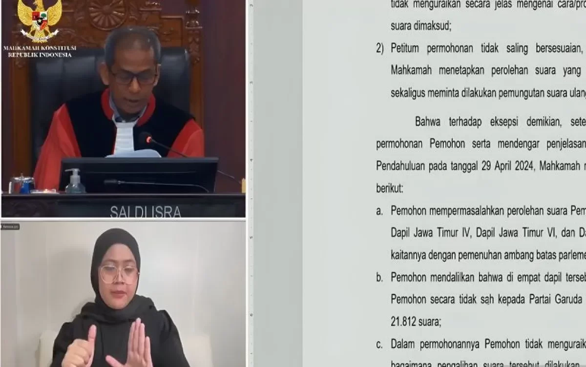 Tangkapan layar - Hakim Konstitusi Saldi Isra membacakan isi putusan dalam sidang pengucapan/keputusan untuk perkara PHPU Pileg 2024 di Gedung Mahkamah Konstitusi, Jakarta, Rabu (22/5/2024). ANTARA/Nadia Putri Rahmani.
